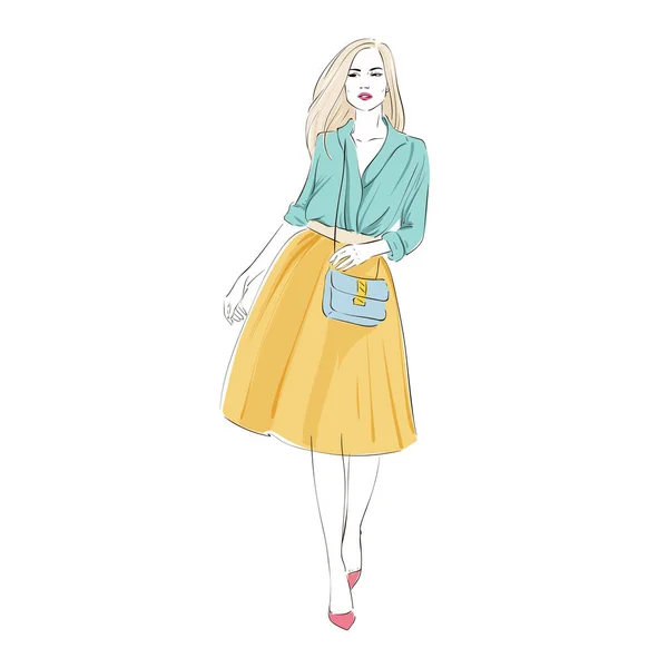 美丽年轻的金发女性时尚复古服装与高跟鞋的袋中。矢量手绘制的插图. — 图库矢量图片