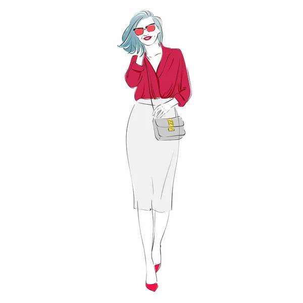 Bella moda hipster giovane donna d'affari in gonna a matita sui tacchi alti con borsa. Illustrazione disegnata a mano. Illustrazione dello schizzo disegnato a mano vettoriale . — Vettoriale Stock
