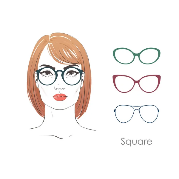 Vettoriale set belle donne ritratto con diversi tagli di capelli e la forma di occhiali per facce di tipo quadrato. Illustrazione disegnata a mano . — Vettoriale Stock