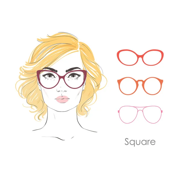 Conjunto de vectores hermoso retrato de mujer con cortes de pelo diferentes y forma de gafas para caras de tipo cuadrado. ilustración dibujada a mano . — Vector de stock