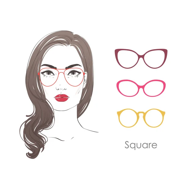 Conjunto de vectores hermoso retrato de mujer con cortes de pelo diferentes y forma de gafas para caras de tipo cuadrado. ilustración dibujada a mano . — Vector de stock