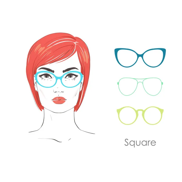 Conjunto de vectores hermoso retrato de mujer con cortes de pelo diferentes y forma de gafas para caras de tipo cuadrado. ilustración dibujada a mano . — Vector de stock