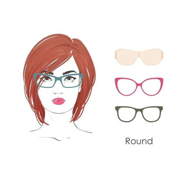 Vector conjunto hermoso retrato de las mujeres con cortes de pelo diferentes y la forma de las gafas para el tipo redondo de caras. ilustración dibujada a mano . — Vector de stock