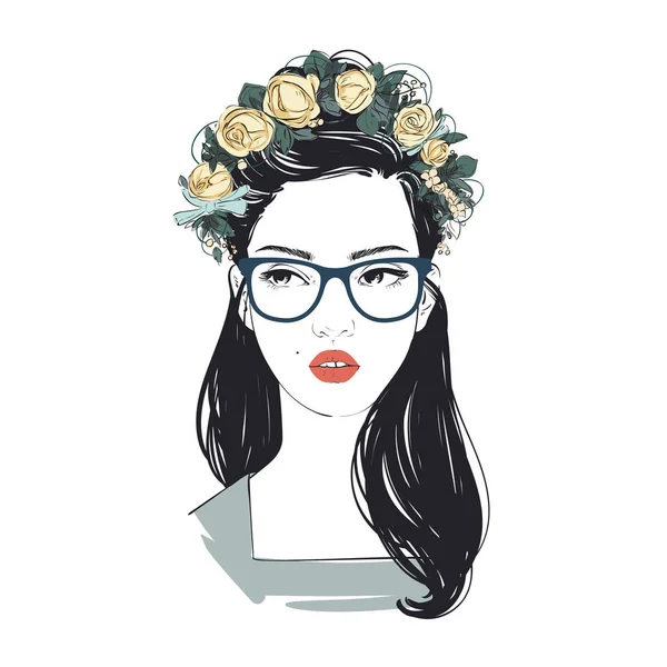 Porträtt av ung vacker kvinna med blommor i långa hår med glasögon. Komiska stil mode illustration. — Stock vektor