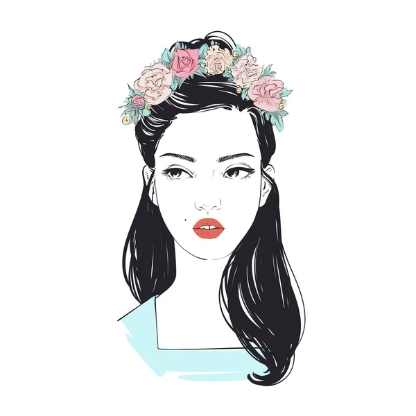 Retrato de mujer joven y hermosa con flores en el pelo largo. Vector ilustración dibujada a mano . — Vector de stock