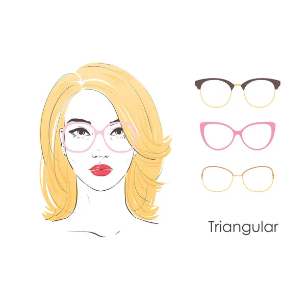 Vector conjunto hermoso retrato de las mujeres con cortes de pelo diferentes y la forma de las gafas para el tipo triangular de caras. ilustración dibujada a mano . — Vector de stock