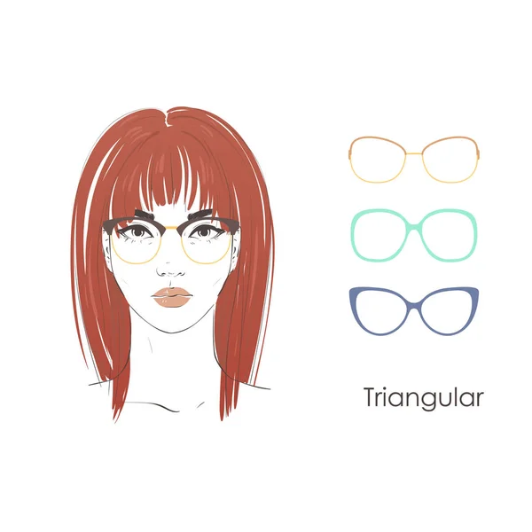 Conjunto de vetores belo retrato de mulheres com diferentes cortes de cabelo e forma de óculos para o tipo triangular de rostos. Ilustração desenhada à mão . —  Vetores de Stock