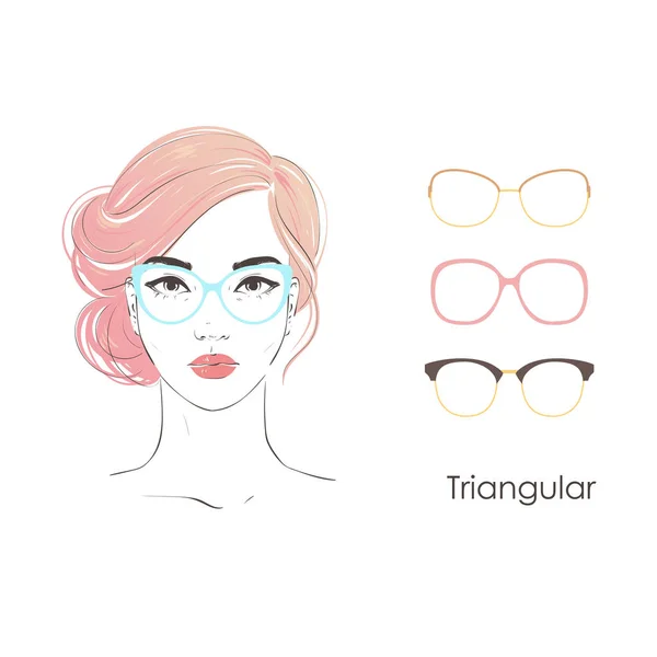 Vector set belle donne ritratto con diversi tagli di capelli e la forma degli occhiali per tipo triangolare di volti. Illustrazione disegnata a mano . — Vettoriale Stock