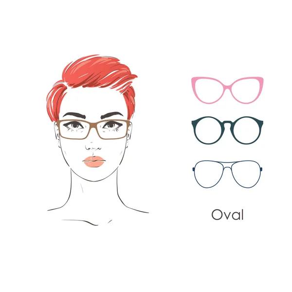 Vektor beállítása szép nők, álló tájolás, különböző frizurával és alakja ovális típusú arcok szemüveg. Kézzel rajzolt ábra. — Stock Vector