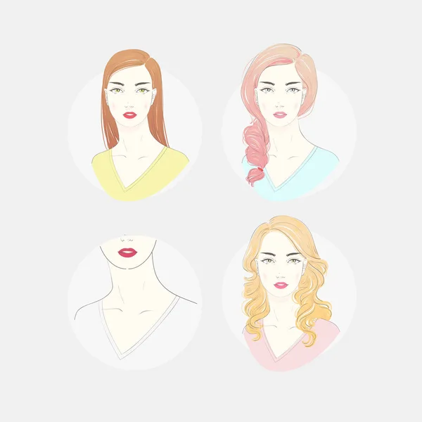 Vektor handritad illustration uppsättning olika frisyrer för olika urringning typer för kvinnors ' mode. — Stock vektor
