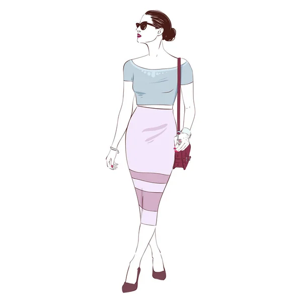 Mooie mode hipster jonge zakenvrouw in Potlood rok en hoge hielen brillen. De hand getekende illustratie. Vectorillustratie hand getrokken schets. — Stockvector