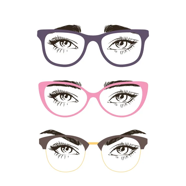 3 formas básicas de cejas y tipos de gafas. Ilustración vectorial. Moda frente femenina — Vector de stock