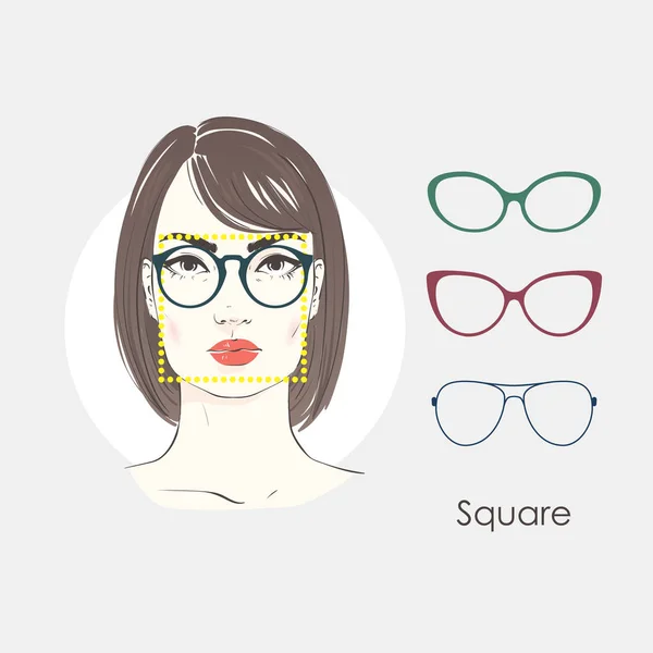 Conjunto de vectores hermoso retrato de mujer con cortes de pelo diferentes y forma de gafas para caras de tipo cuadrado. ilustración dibujada a mano . — Vector de stock