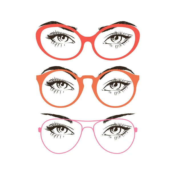 3 basic eyebrow shape and types of glasses. Vector illustration. Fashion female brow — Stock Vector