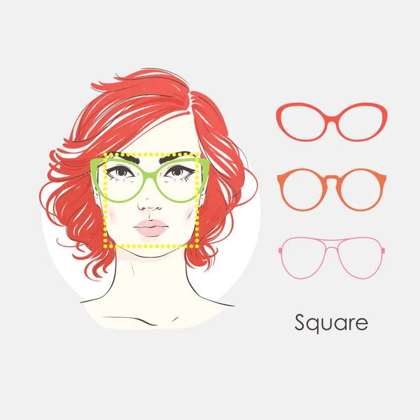 Vektor set vackra kvinnor porträtt med olika frisyrer och formen på glasögon för fyrkantig typ ansikten. Handritad illustration. — Stock vektor