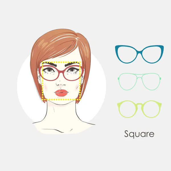 Conjunto de vectores hermoso retrato de mujer con cortes de pelo diferentes y forma de gafas para caras de tipo cuadrado. ilustración dibujada a mano . — Archivo Imágenes Vectoriales