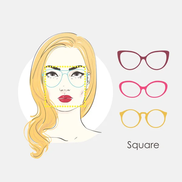 Διάνυσμα σύνολο όμορφες γυναίκες πορτραίτο με διαφορετικά κουρέματα και σχήμα γυαλιά για τετράγωνο τύπου πρόσωπα. Χέρι εικονογράφηση. — Διανυσματικό Αρχείο