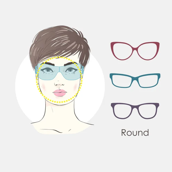 Vector conjunto hermoso retrato de las mujeres con cortes de pelo diferentes y la forma de las gafas para el tipo redondo de caras. ilustración dibujada a mano . — Vector de stock