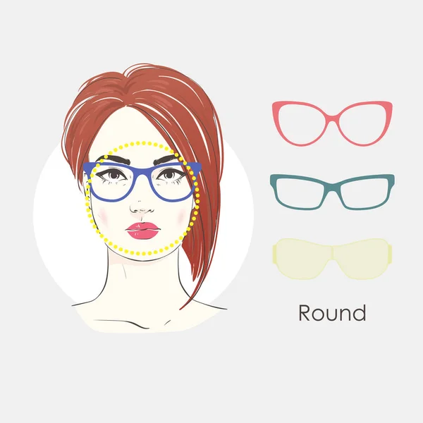 Vector set beautiful women portrait with differnt haircuts and shape of glasses for round type of faces. Hand drawn illustration. — Stock Vector