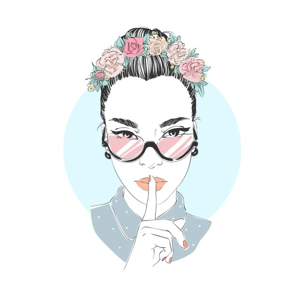 Portret van jonge mooie vrouw met bloemen in lange haren met een bril. Komische stijl mode illustratie. — Stockvector