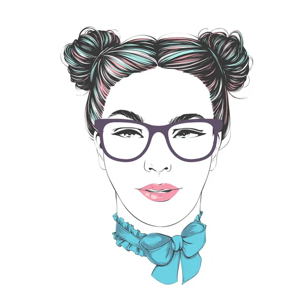 Portrait of young beautiful woman with two beams and a bandage with a red bow on her neck with glasses. Comic style vector fashion illustration. — Stock Vector