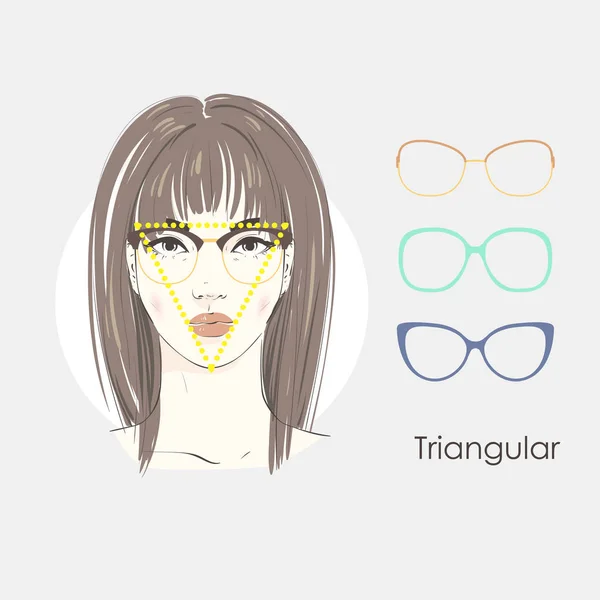 Vektor set vackra kvinnor porträtt med olika frisyrer och formen på glasögon för trekantiga ansikten. Handritad illustration. — Stock vektor