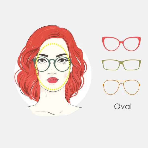 Vector set beautiful women portrait with different haircuts and shape of glasses for oval type of faces. Hand drawn illustration. — Stock Vector