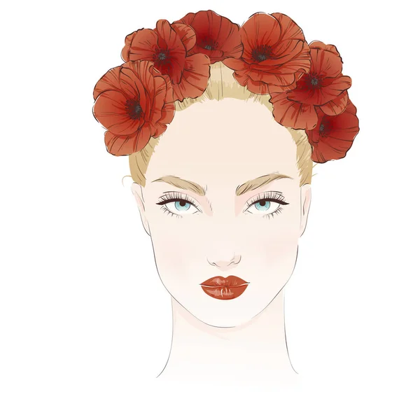 Portrait de jeune belle femme avec des coquelicots rouges dans les cheveux. Illustration vectorielle dessinée main . — Image vectorielle