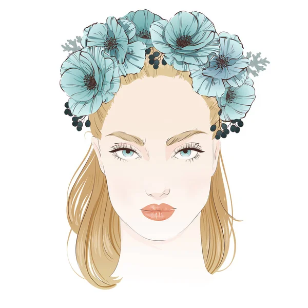 Retrato de jovem mulher bonita com papoilas azuis no cabelo. Ilustração desenhada à mão vetorial . — Vetor de Stock