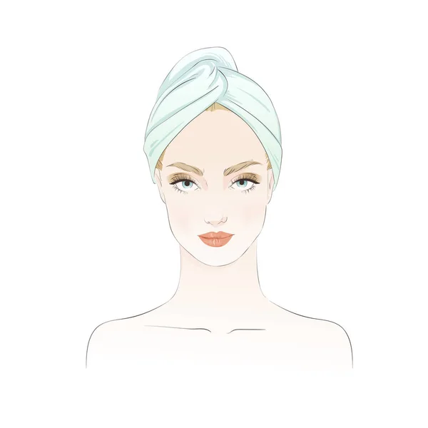 Menina bonita em toalha na cabeça. Ilustração desenhada à mão vetorial . — Vetor de Stock