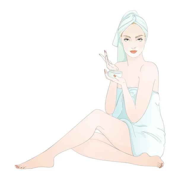 Mooi meisje tijdens schoonheid ritueel, breng crème. Vector hand getekende illustratie. — Stockvector
