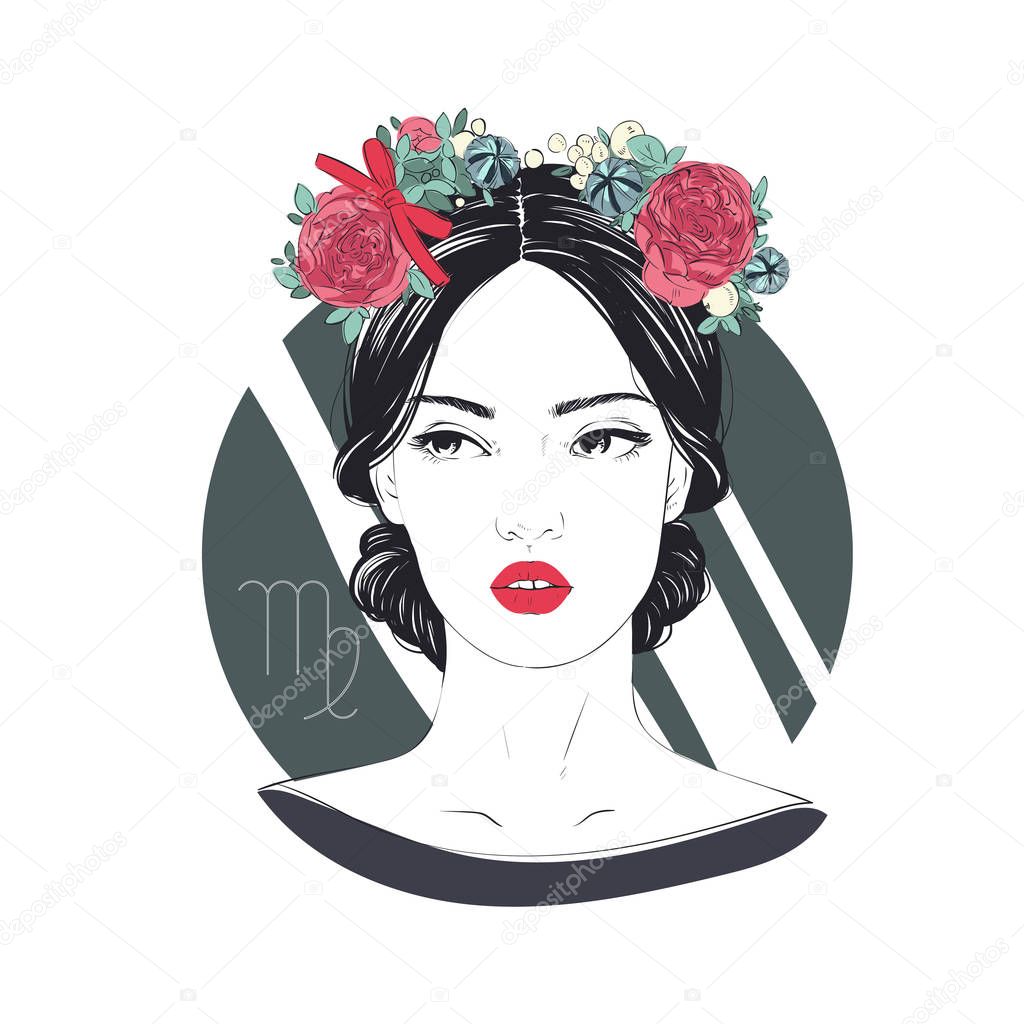 Zodiac: Illustration of Virgo zodiac sign as a beautiful girl. Vector zodiac illustration. Comic style fashion illustration.