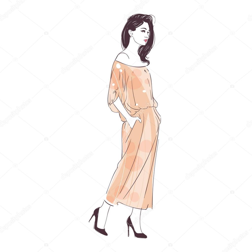 Beautiful hipster long hair young woman in summer dress on high heels. Hand drawn illustration. Vector illustration.
