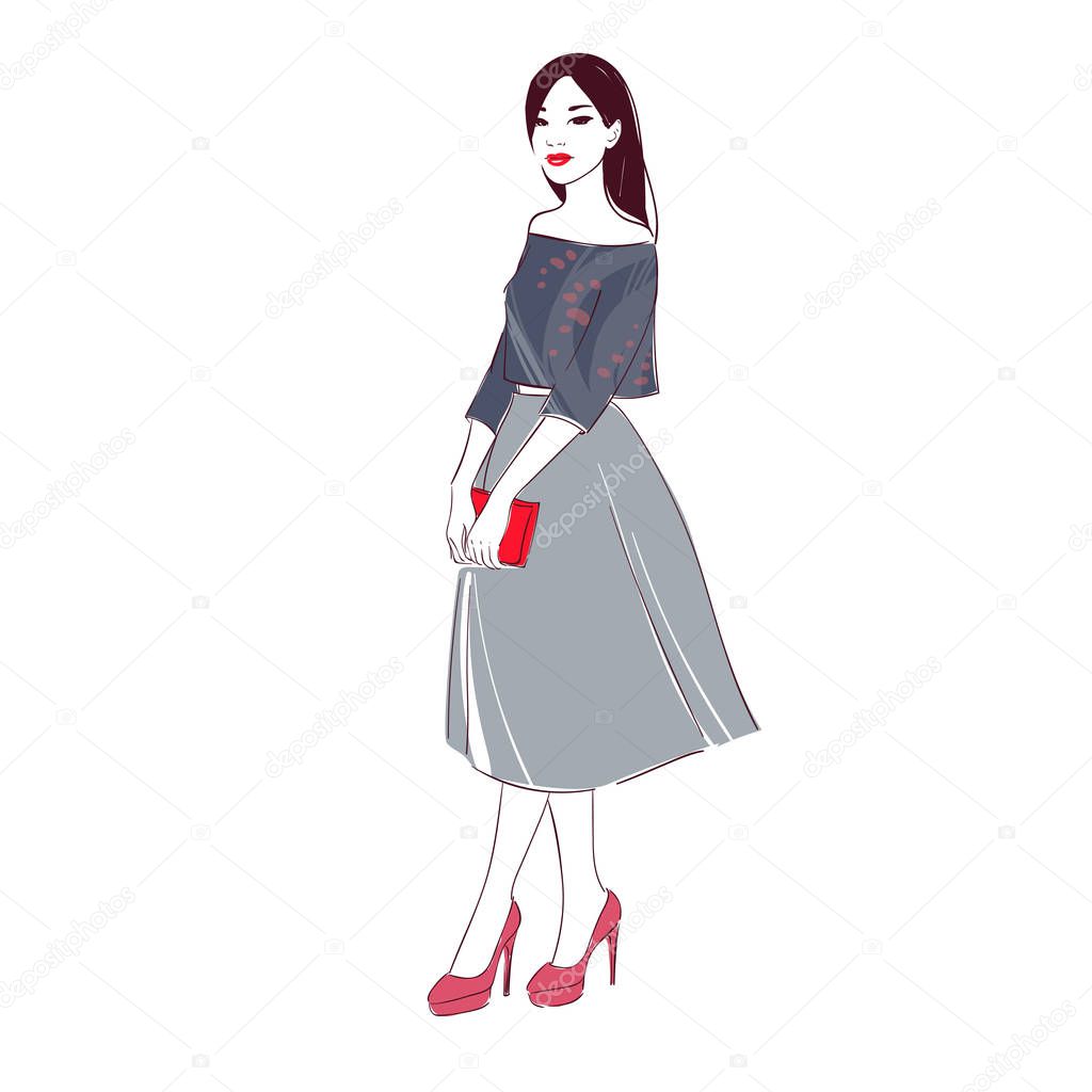 Beautiful dark hair young women in blouse, high heel shoes and midi skirt with handbag with. Hand drawn illustration.