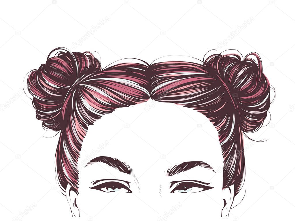 Girl with cute two buns hairstyles. Vector hand drawn illustration.