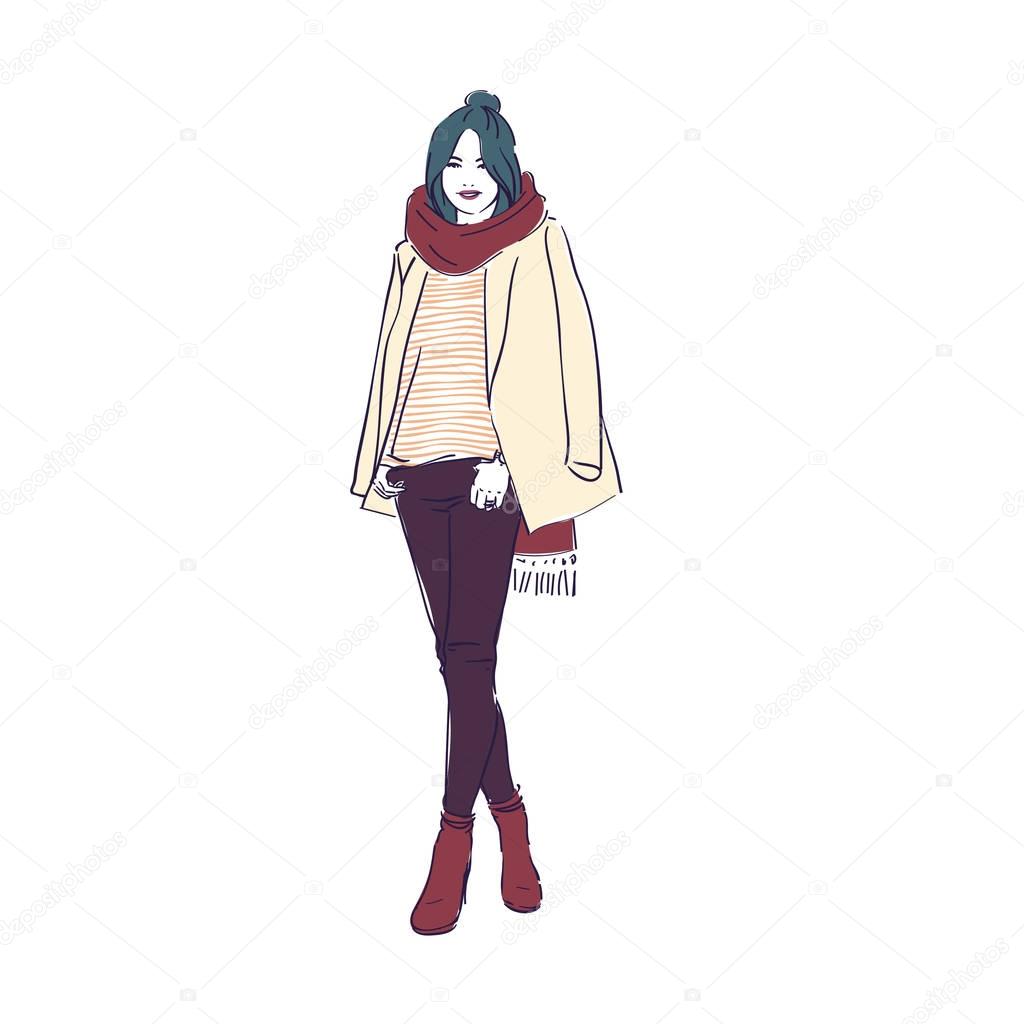 Beautiful woman in a coat, scarf and jeans. Vector illustration.