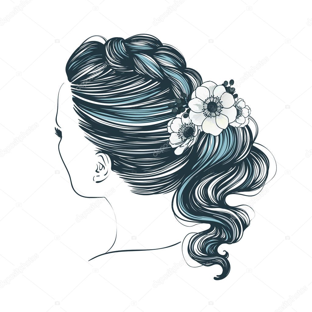Beauty woman with luxurious long braid hairstyle with flowers. Vector hand drawn illustration.