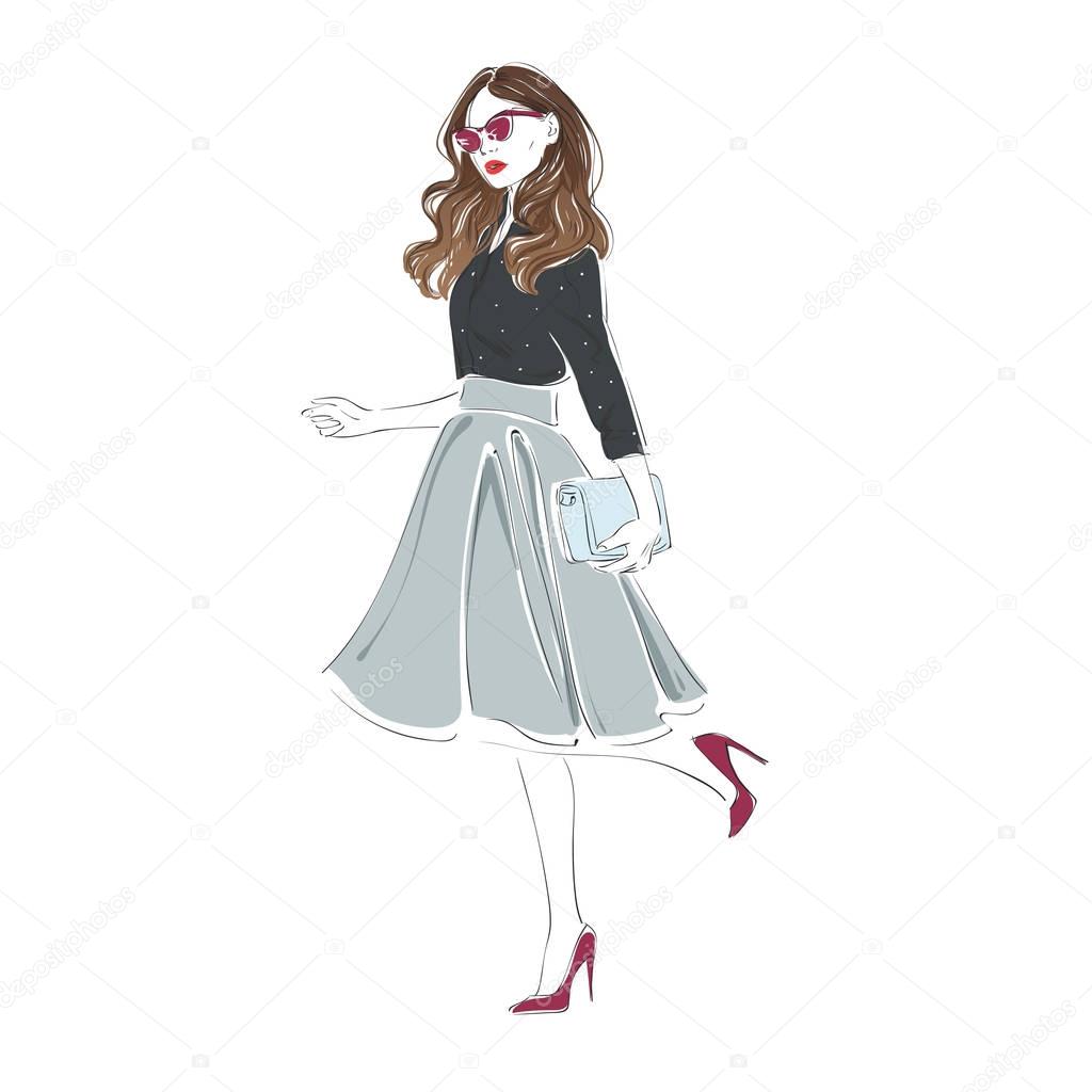 Beautiful young women in a fashion retro clothes, midi skirt and pink sunglasses with bag on high heels. Vector hand drawn illustration.