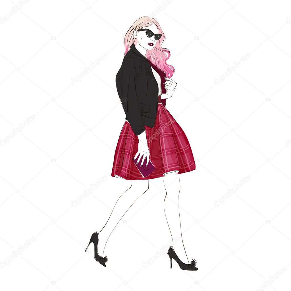 Beautiful young women in a fashion retro clothes, midi skirt, leather jacket and sunglasses with bag on high heels. Vector hand drawn illustration.