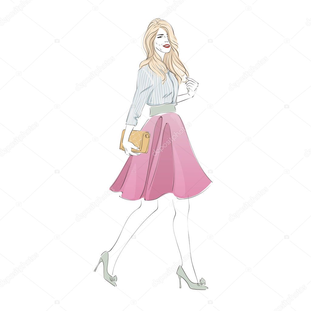 Beautiful young blonde women in a fashion retro clothes with bag on high heels. Vector hand drawn illustration.