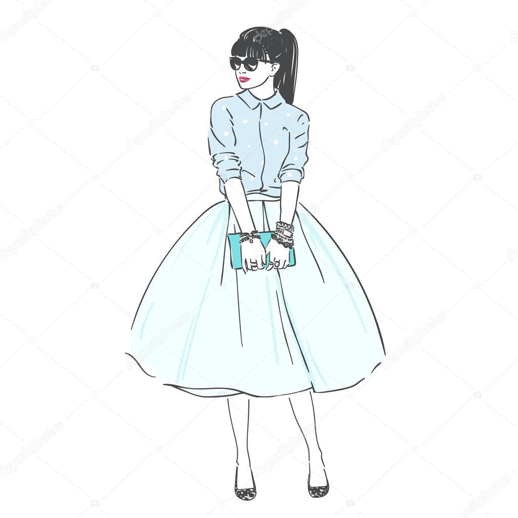 Beautiful young women in a fashion retro clothes in glasses with bag. Vector hand drawn illustration.