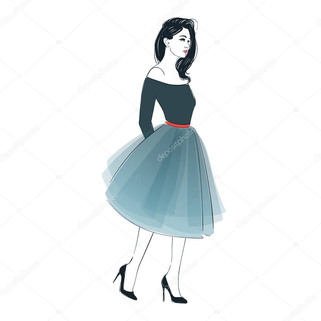 Beautiful young women in a fashion retro midi skirt. Vector hand drawn illustration.