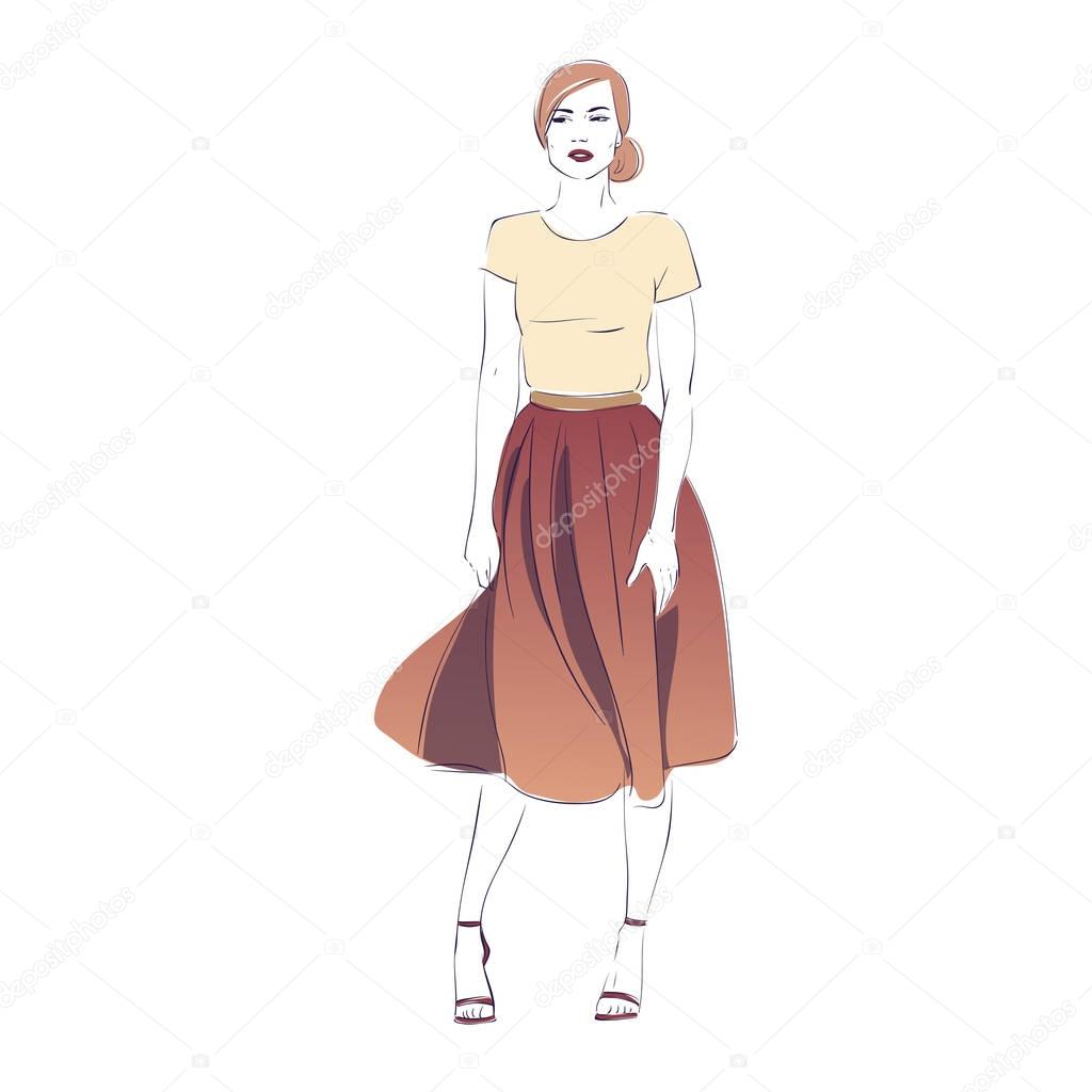 Beautiful young women in a fashion retro clothes on high heels. Vector hand drawn illustration.