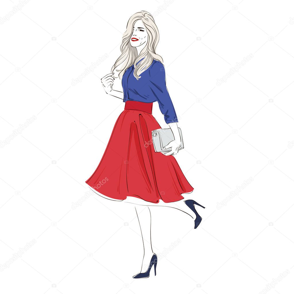 Beautiful young blonde women in a fashion retro clothes with bag on high heels. Vector hand drawn illustration.