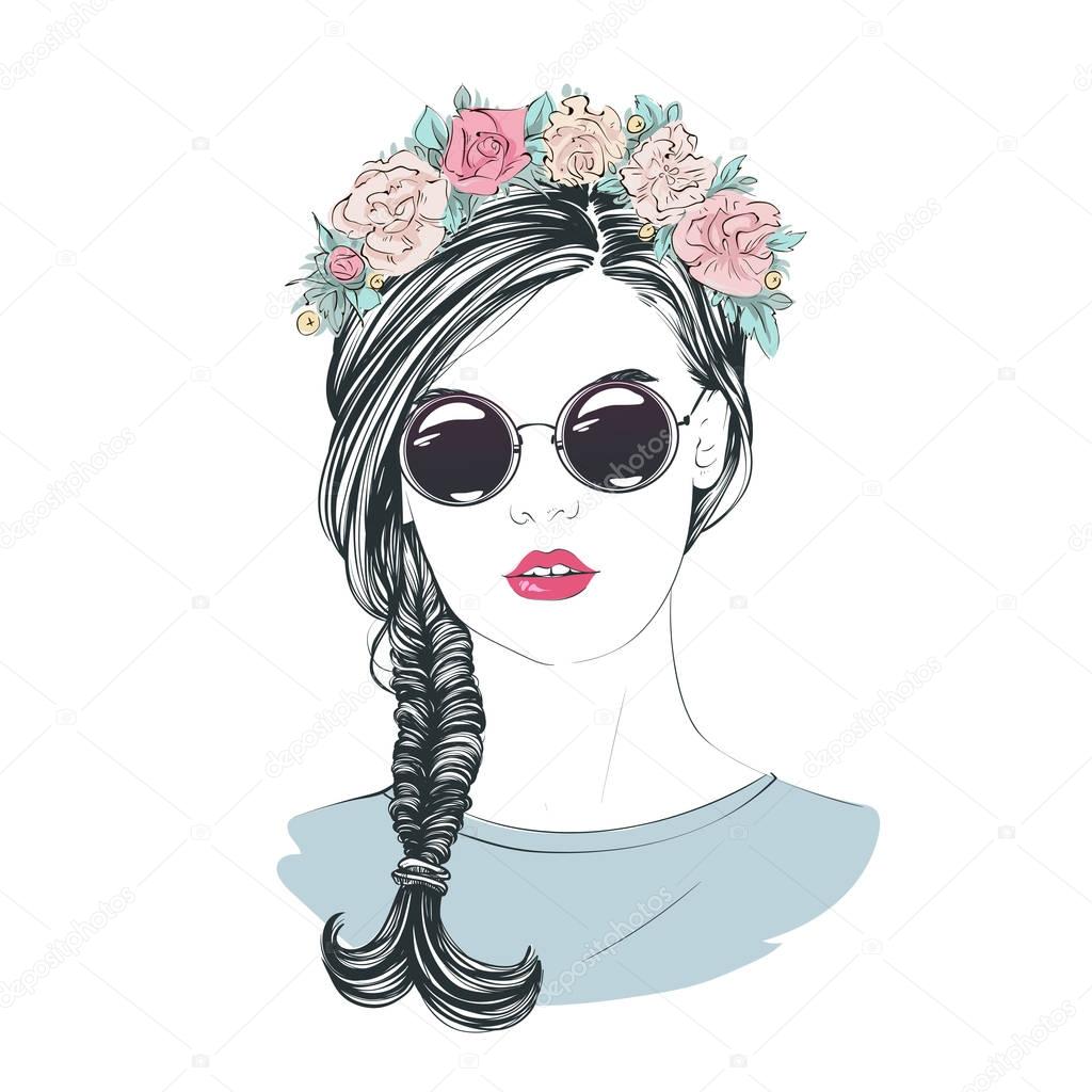 Portrait of young beautiful woman with flowers in long hair with round sunglasses. Comic style fashion illustration.