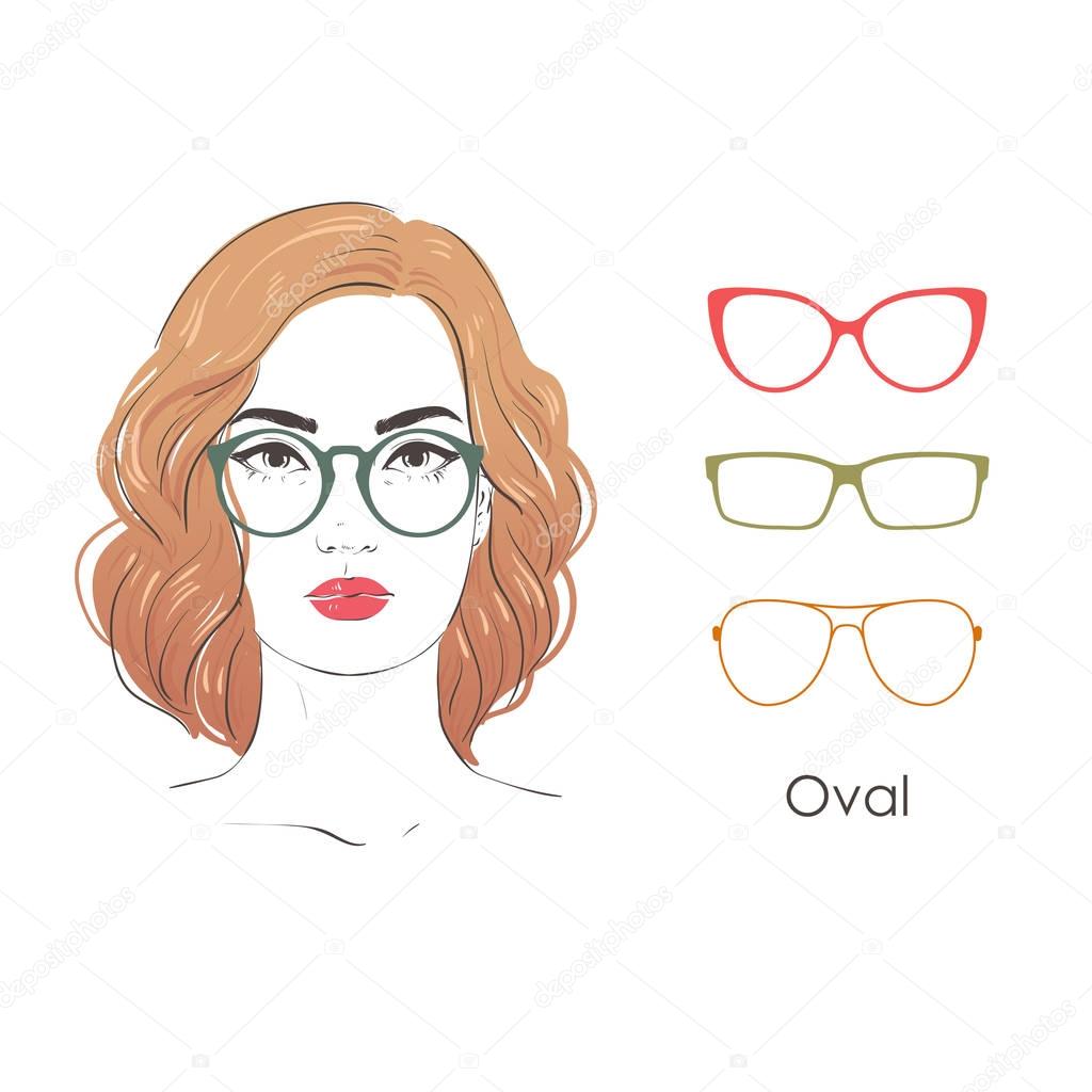 Vector set beautiful women portrait with differnt haircuts and shape of glasses for oval type of faces. Hand drawn illustration.