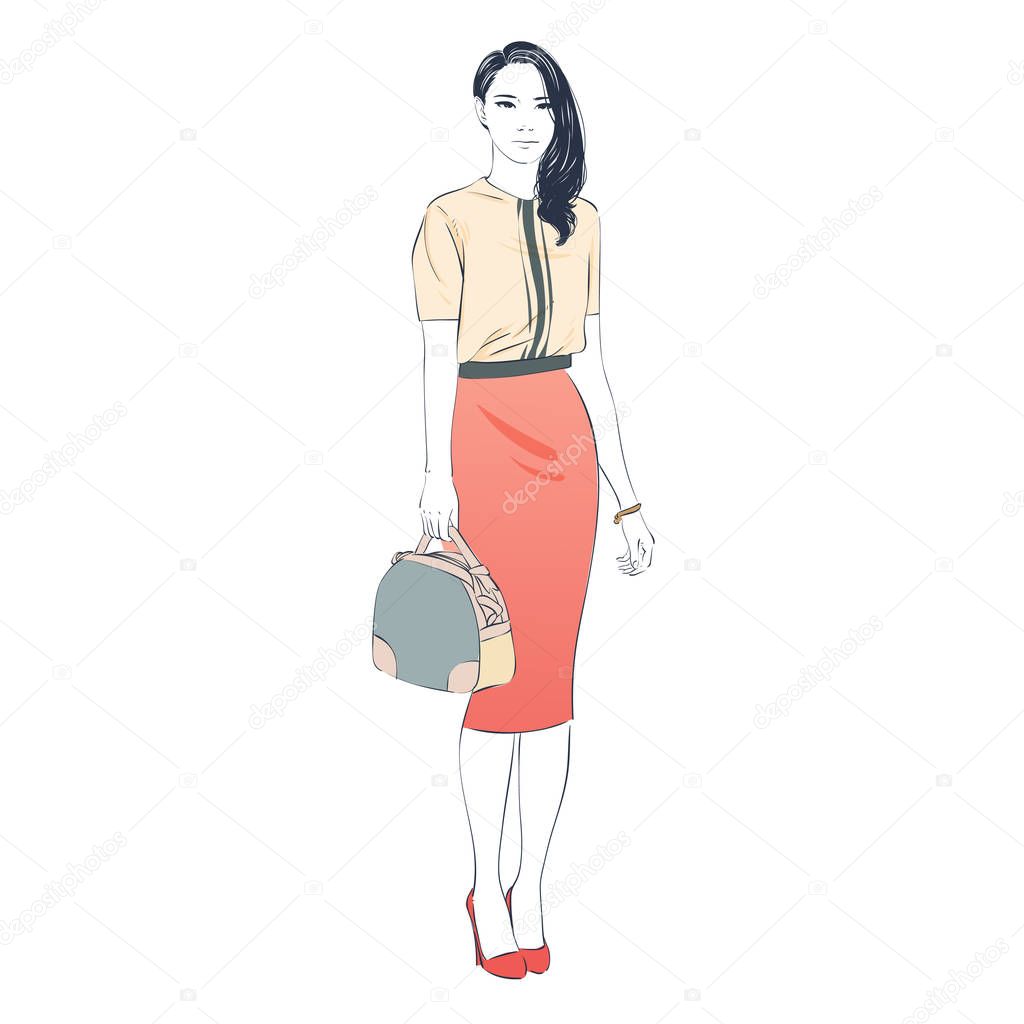 Beautiful young women in a fashion retro clothes midi pencil skirt with bag on high heels. Vector hand drawn illustration.