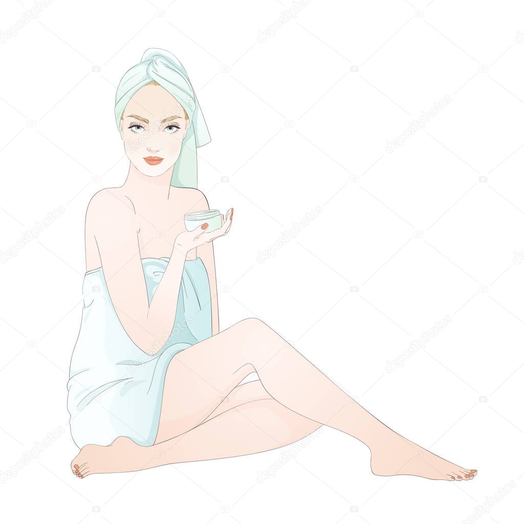 Beautiful girl during beauty ritual, apply cream. Vector hand drawn illustration.