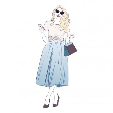 Yüksek topuklar üzerinde çantalı bir moda retro giysili güzel genç sarışın kadınlar. Vektör el çizilen illüstrasyon.
