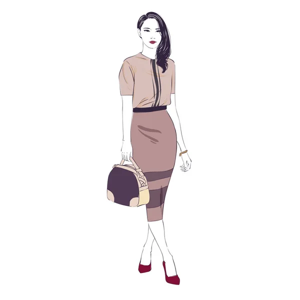 Belles jeunes femmes dans une jupe crayon midi mode vêtements rétro avec sac sur talons hauts. Illustration vectorielle dessinée main . — Image vectorielle